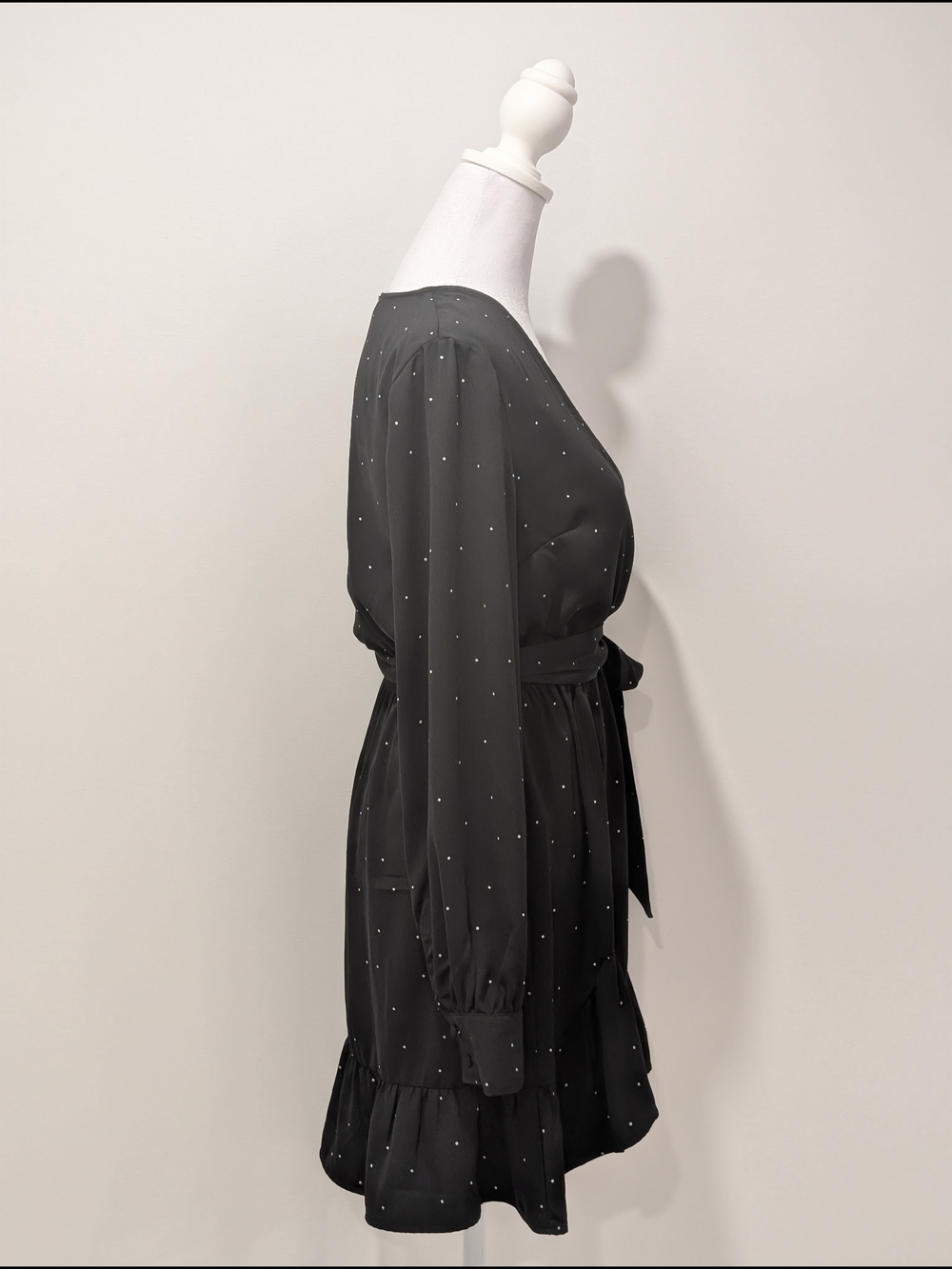Dynamite Long Sleeve Mini Wrap Dress with Polka Dots - Black & White - Picture 4 of 14